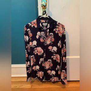 Zara Navy and Pink Blossom Button Up